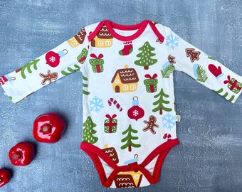 Eco-Friendly Christmas Baby Romper ,Safe Paints , Cozy Drop Collar , Bonus Cotton Bag, %100 Organic Cotton New Year Gift For Baby