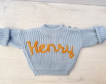 Hand Knit Baby Sweater, Cotton Embroidered Custom Baby Sweater With Name & Gift For Kids