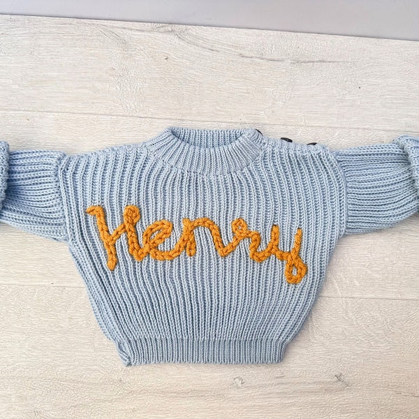 Hand Knit Baby Sweater, Cotton Embroidered Custom Baby Sweater With Name & Gift For Kids