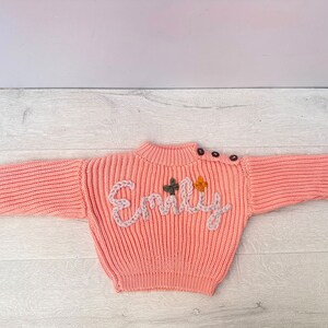 Personalize Name Baby Sweater, Custom Hand Embroidered Toddler Sweater, Knitted Cotton Kids Sweater, Oversized Children Sweater Orange