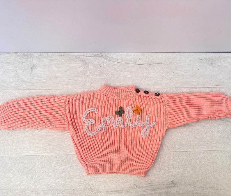 Personalize Name Baby Sweater, Custom Hand Embroidered Toddler Sweater, Knitted Cotton Kids Sweater, Oversized Children Sweater Orange