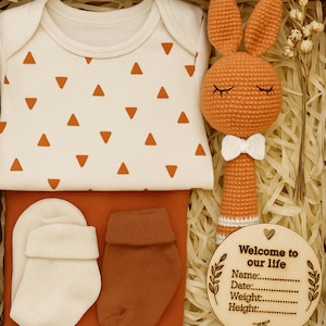 Organic Newborn Gift Box: Handmade Bunny Rattle & Cotton Set