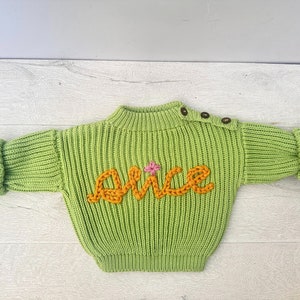 Personalize Name Baby Sweater, Custom Hand Embroidered Toddler Sweater, Knitted Cotton Kids Sweater, Oversized Children Sweater Green