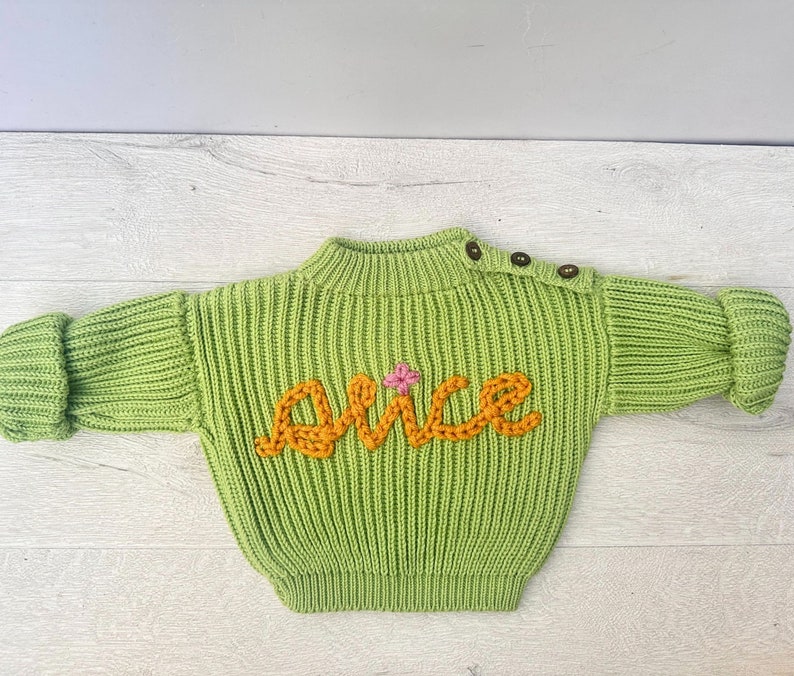 Personalize Name Baby Sweater, Custom Hand Embroidered Toddler Sweater, Knitted Cotton Kids Sweater, Oversized Children Sweater Green
