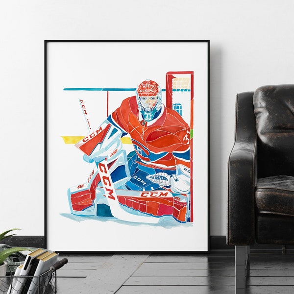 Affiche Carey Price, poster Canadiens de Montréal, peinture hockey sur glace, cadeau fan des Canadiens, déco chambre garçon, art aquarelle