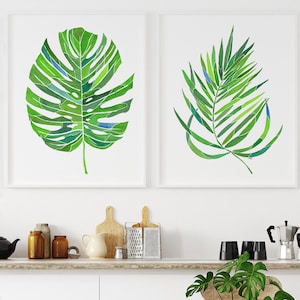 Set of 2 tropical leaves wall art, monstera print, botanical print set, green leaves art print, palm leaf poster, watercolor nature painting