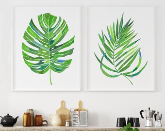 Conjunto de 2 hojas tropicales arte de la pared, impresión monstera, conjunto de impresión botánica, impresión de arte de hojas verdes, cartel de hojas de palma, pintura de la naturaleza de la acuarela