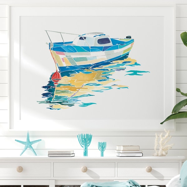 Tableau bateau, affiche aquarelle bord de mer, gravure nautique, déco style marin, illustration bateau de pêche, peinture océan, art mural