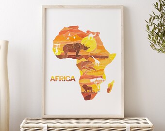 Africa wall art, Africa map, Africa painting, African animal print, travel poster, safari decor, burnt orange wall art, African art prints