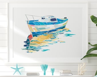 Coastal boat print, nautical living room wall art, seascape boat art, fishing boat watercolor print, cottage decor, coastal wall home decor