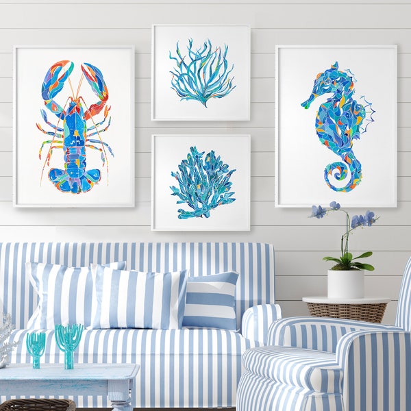 Gallery wall art, set of 4 prints, coastal decor, nautical home, sea life art prints, watercolor painting, ocean life prints, nautical theme