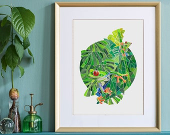 Tropical leaves print, frog wall art, green wall decor, tropical art, palm leaf painting, frog lover gift, botanical poster, watercolor art