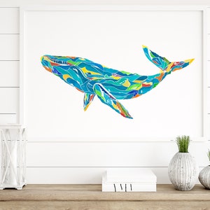 Whale art watercolor painting, whale wall art for nursery, whale print illustration, sea animals nautical baby nursery, colorful wall art