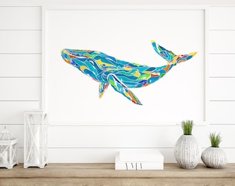 Whale art watercolor painting, whale wall art for nursery, whale print illustration, sea animals nautical baby nursery, colorful wall art