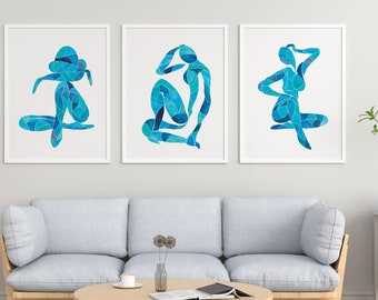 Set of 3 prints, Matisse style, Nudeart painting, Figurative, Female artwork, Silhouette poster, Minimalist print, Blue art, Contemporary