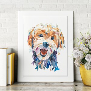 May include: A colourful abstract painting of a dog with brown, orange, blue and purple hues. The dog is looking directly at the viewer with its mouth open in a happy expression.