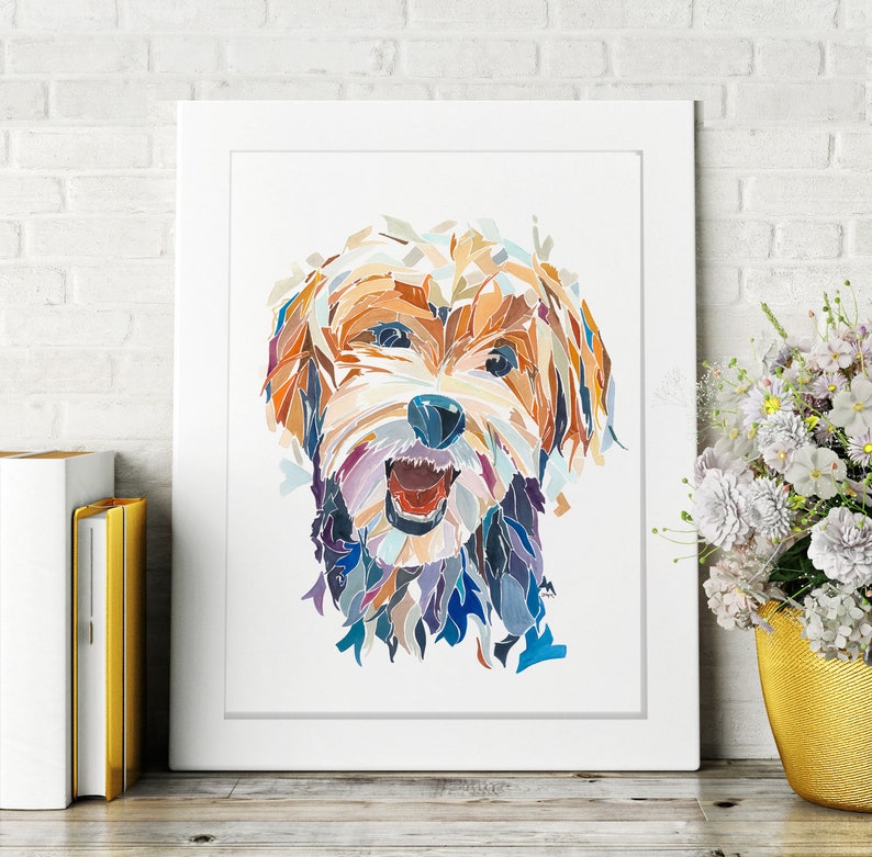 May include: A colourful abstract painting of a dog with brown, orange, blue and purple hues. The dog is looking directly at the viewer with its mouth open in a happy expression.