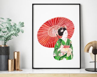 Japanese woman art, Japanese painting, Geisha wall art, Japan art prints, Japan poster, fashion wall art, Japan decor, red art print, zen