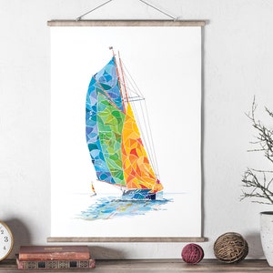 May include: A colorful watercolor painting of a sailboat with a rainbow-colored sail. The sailboat is sailing on a blue body of water.