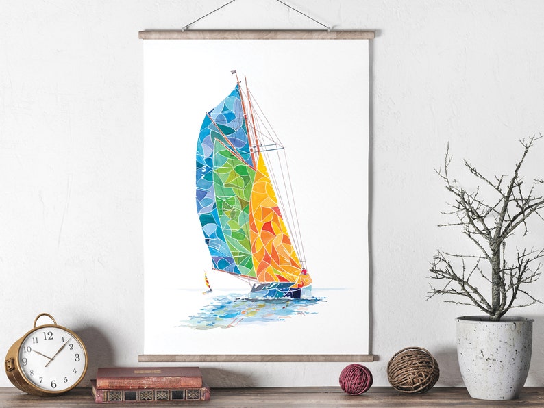 May include: A colorful watercolor painting of a sailboat with a rainbow-colored sail. The sailboat is sailing on a blue body of water.