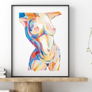 May include: Abstract watercolor painting of a torso with colorful geometric shapes. The torso is depicted in shades of yellow, orange, blue, red, and purple.