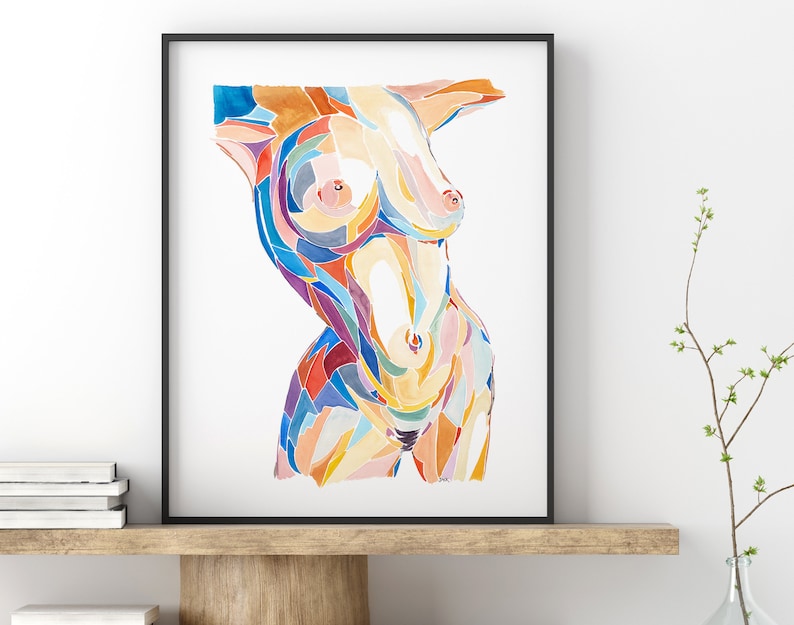 May include: Abstract watercolor painting of a torso with colorful geometric shapes. The torso is depicted in shades of yellow, orange, blue, red, and purple.