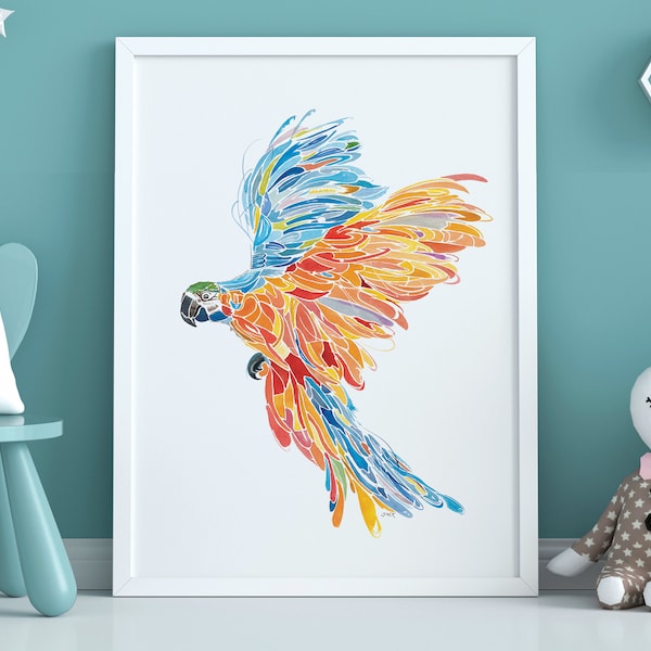 Affiche aquarelle oiseau, peinture perroquet, illustration oiseaux exotiques, décoration art mural, déco bleue turquoise, poster tropical