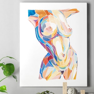 May include: Abstract watercolor painting of a female torso with a colorful mosaic pattern. The painting is done in shades of blue, green, yellow, orange, and pink.
