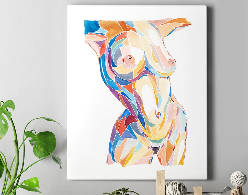 May include: Abstract watercolor painting of a female torso with a colorful mosaic pattern. The painting is done in shades of blue, green, yellow, orange, and pink.
