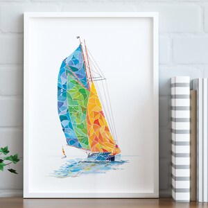May include: A colorful watercolor painting of a sailboat with a rainbow-colored sail. The sailboat is sailing on a blue body of water with whitecaps.