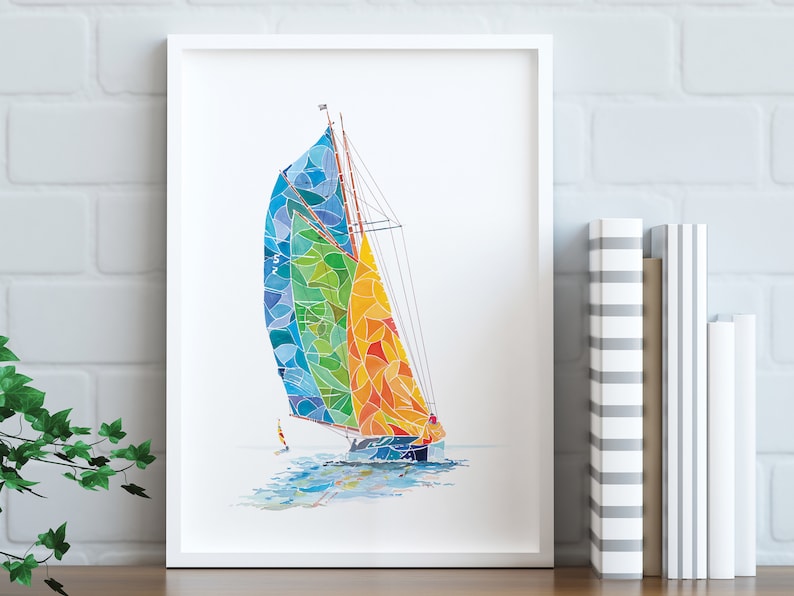 May include: A colorful watercolor painting of a sailboat with a rainbow-colored sail. The sailboat is sailing on a blue body of water with whitecaps.