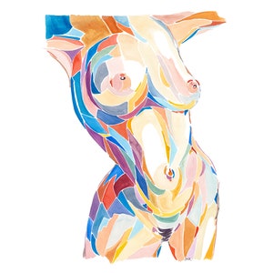 May include: Abstract watercolor painting of a female torso with a mosaic-like pattern in shades of blue, yellow, orange, red, and pink.