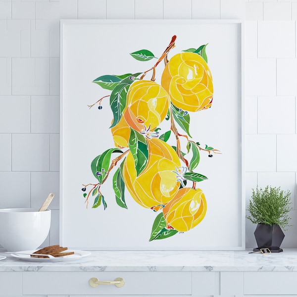 Affiche aquarelle citron et feuilles, illustration botanique, peinture citron, déco cuisine, décor buanderie, poster art mural végétal