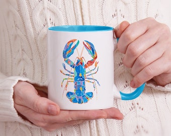 Lobster mug, Nautical art mug, Gift for lobster lover, Maine lobster, Blue coffee mug, Coastal dishes, Seaside cup, Unique birthday gift
