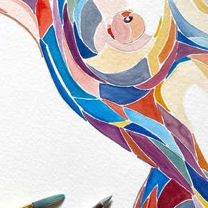 May include: Abstract watercolor painting of a body part with a colorful mosaic pattern. The painting is done in shades of blue, red, yellow, green, and purple.