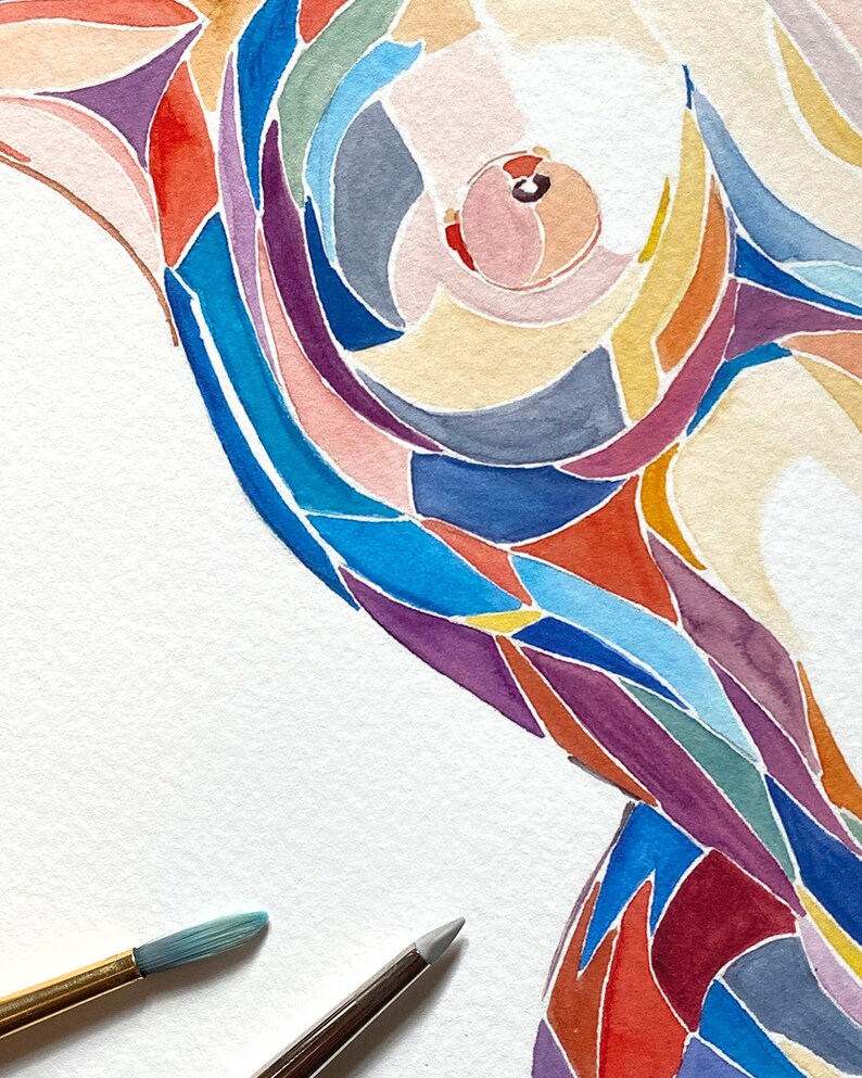 May include: Abstract watercolor painting of a body part with a colorful mosaic pattern. The painting is done in shades of blue, red, yellow, green, and purple.