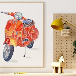 Impresión de arte acuarela scooter rojo, arte moderno de pared de moda, decoración de la habitación para adolescentes, sala de juegos o sala de juegos, decoración del dormitorio, cartel vespa