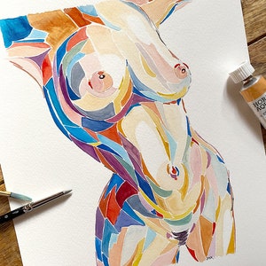 May include: Abstract watercolor painting of a human torso with a colorful mosaic pattern. The painting is done in shades of blue, green, yellow, orange, red, and purple.