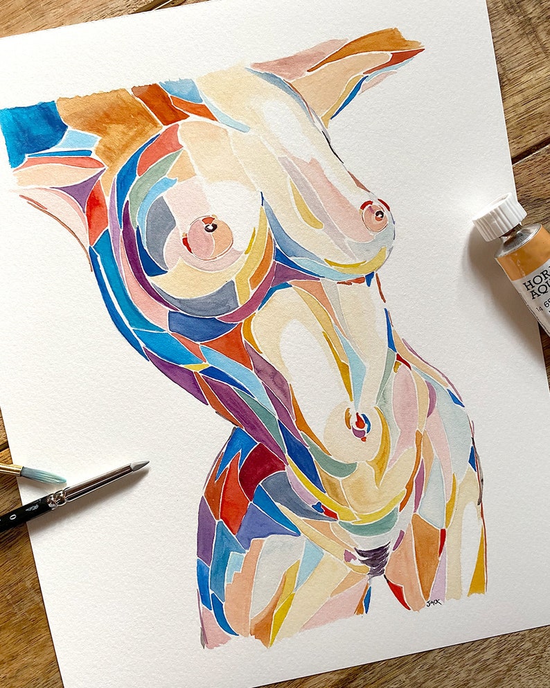 May include: Abstract watercolor painting of a human torso with a colorful mosaic pattern. The painting is done in shades of blue, green, yellow, orange, red, and purple.