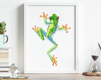 Frog wall art, frog nursery decor, cute frog poster painting, green nursery wall art, art prints, bathroom wall decor, gift frog lovers