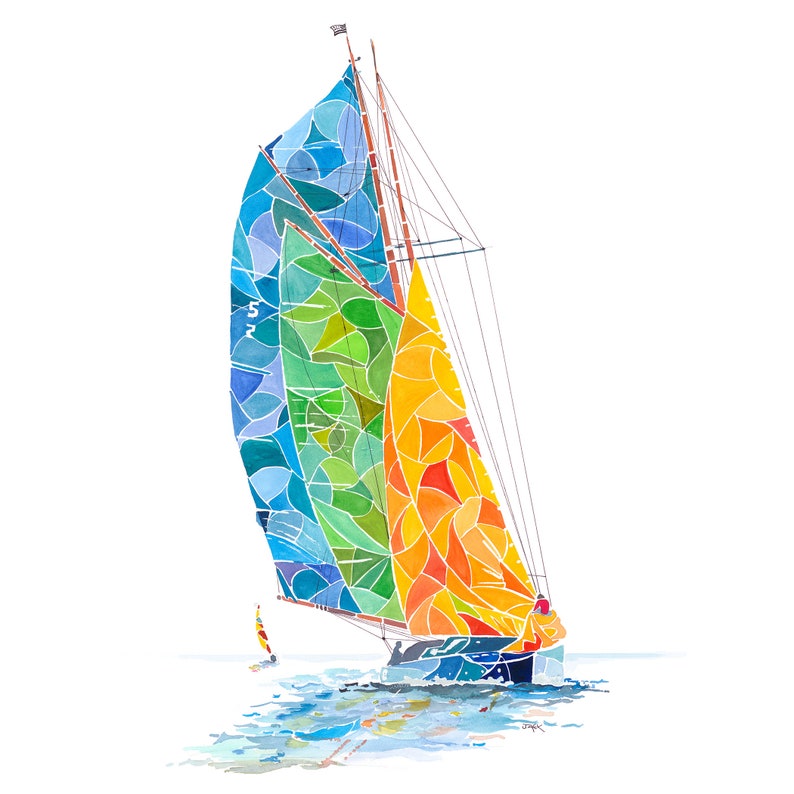 May include: A watercolor painting of a sailboat with colorful sails. The sails are made up of geometric shapes in shades of blue, green, orange, and yellow. The sailboat is sailing on a body of water with blue and green waves.