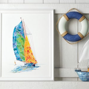 May include: A framed watercolor painting of a sailboat with a colorful, stained glass-like sail. The sail is a rainbow of colors, including blue, green, yellow, and orange. The sailboat is sailing on a calm, blue sea.