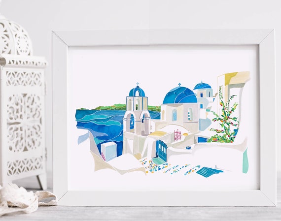 Santorini Greece art print, Greek landscape painting, ocean watercolor prints, aesthetic travel art, Mediterranean wall art, coastal decor