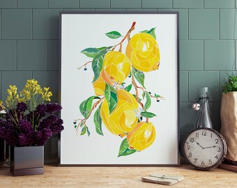 Lemon print, kitchen wall art, botanical painting, laundry room decor, citrus watercolor, lemon tree print, yellow wall art, office decor
