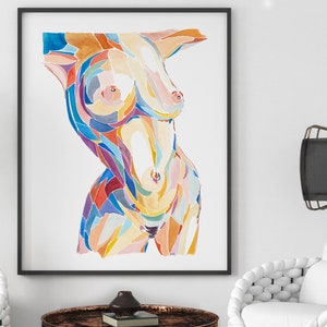 May include: Abstract watercolor painting of a torso with colorful geometric shapes. The painting is in shades of blue, green, yellow, orange, and pink.