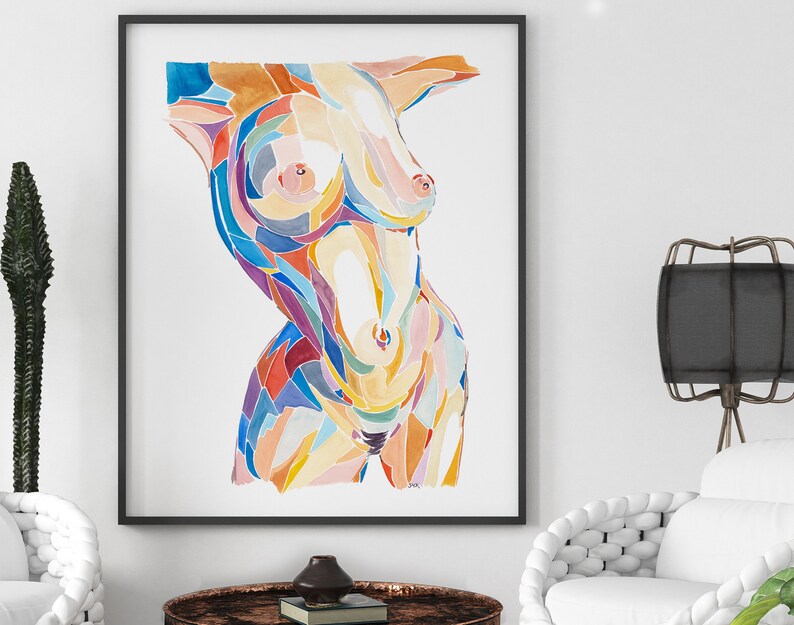 May include: Abstract watercolor painting of a torso with colorful geometric shapes. The painting is in shades of blue, green, yellow, orange, and pink.