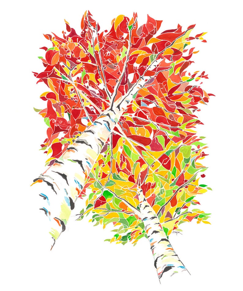 K&ouml;nnte beinhalten: Ein Aquarellbild von zwei Birken mit wei&szlig;er Rinde und &Auml;sten, die zum Himmel ragen. Die Bl&auml;tter sind in Rot-, Gelb- und Gr&uuml;nt&ouml;nen gehalten und erzeugen eine lebendige Herbstszene.