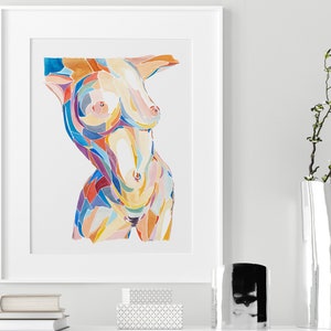 May include: A framed abstract watercolor painting of a torso with colorful geometric shapes. The painting is in shades of blue, yellow, orange, red, and pink.