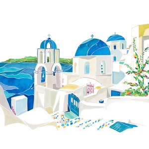 K&ouml;nnte beinhalten: Ein Aquarellbild eines wei&szlig;en Geb&auml;udes mit blauen Kuppeln und einem Glockenturm mit Blick auf ein blaues Meer. Das Geb&auml;ude hat eine wei&szlig;e T&uuml;r und einen gefliesten Gehweg. An der Seite des Geb&auml;udes wachsen gr&uuml;ne Pflanzen.
