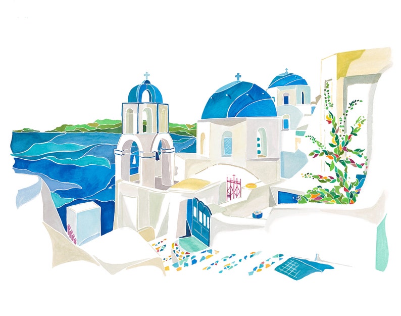K&ouml;nnte beinhalten: Ein Aquarellbild eines wei&szlig;en Geb&auml;udes mit blauen Kuppeln und einem Glockenturm mit Blick auf ein blaues Meer. Das Geb&auml;ude hat eine wei&szlig;e T&uuml;r und einen gefliesten Gehweg. An der Seite des Geb&auml;udes wachsen gr&uuml;ne Pflanzen.